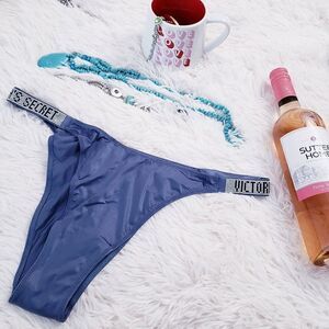 Victoria's Secret BRAZILIAN XLARGE Gray Metallic Rhinestones Logo Very Sexy